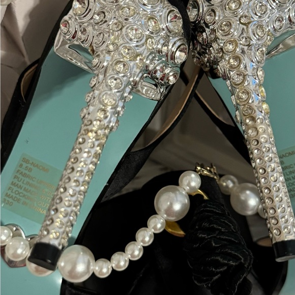 Betsey Johnson black satin sling back/peep toe with rhinestone heels. Size 8.5 - Picture 7 of 10